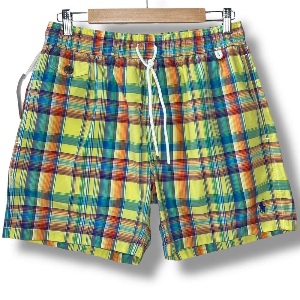Polo Ralph Lauren Traveler Swim Shorts Yellow Yosemite Plaid Mens M Vintage Prep